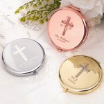 Personalized Cross Birth Flower Bouquet Compact Makeup Mirror with Engraved Text Set of 2 Birthday Wedding Christmas Gift for Christian Women