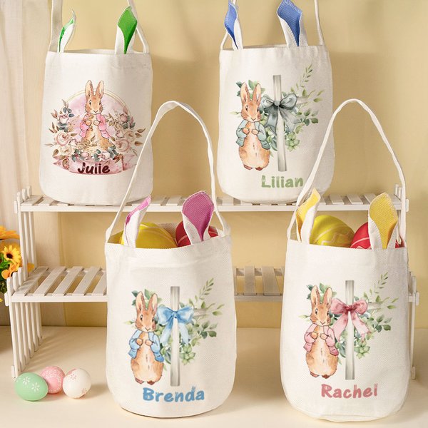 Personalized Floral Cross Peter Rabbit Ears Basket with Name Easter Party Eggs Hunting Birthday Gift for Boys Girls