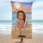 Personalisiertes Himmelblau Sonnenuntergang Cartoon Strandfigur Strandtuch mit Namen Sommer Urlaub Zubehör Geburtstag Geschenk für Familie Freunde