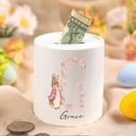 Tirelire personnalisée en céramique avec nom et initiale florale de Peter Rabbit Cadeau d'anniversaire de Pâques pour garçons filles