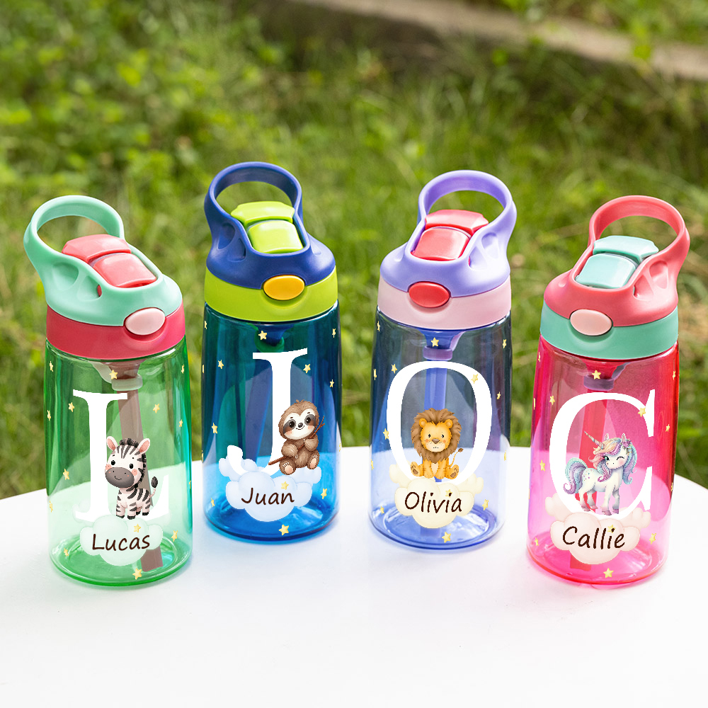 Botella de agua personalizada de 475 ml anticaídas y a prueba de fugas con popote de silicona animales y nombre regalo de cumpleaños para niños