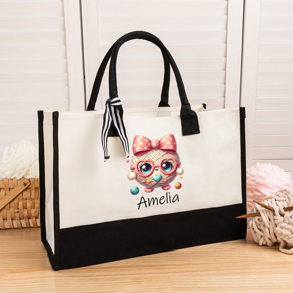 Personalised Cute Bow Cartoon Crochet Pattern Large Canvas Tote Bag with Name Birthday Mother's Day Gift for Mom Grandma Crochet Lovers