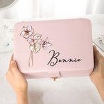 Personalized Vintage Birth Flower Multi-Compartments Name Jewelry Box with LED Makeup Mirror Travel Accessories Birthday Gift for Women