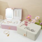 Personalized Vintage Birth Flower Multi-Compartments Name Jewelry Box with LED Makeup Mirror Travel Accessories Birthday Gift for Women