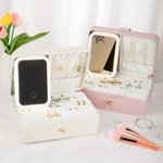 Personalized Vintage Birth Flower Multi-Compartments Name Jewelry Box with LED Makeup Mirror Travel Accessories Birthday Gift for Women
