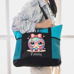 Bolsa de tela Oxford grande con nombre y bolsillos de malla Personalizada con un bonito lazo de cristal Bola de hilo Esenciales de viaje Regalo de cumpleaños para los amantes del ganchillo