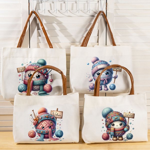 Personalised Cute Cartoon Crochet Canvas Tote Bag with Name Travel Accessories Birthday Gift for Family Friends