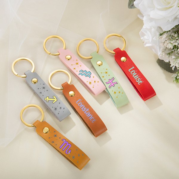 Personalised Multicolour Zodiac Sign Leather Keychain with Name Birthday Anniversary Bag Accessories Gift for Women