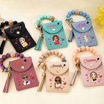 Personalised Fashion Cartoon Girl Lipstick Keychain Wristband Wallet Card Holder with Beaded Bracelet and Name Birthday Holiday Gift for Women Girls