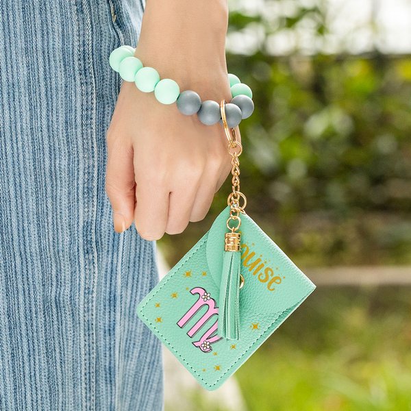 Personalized Zodiac Name Tassel Keychain Wristlet Leather Wallet with Beaded Bracelet Anniversary Birthday Gift for Women