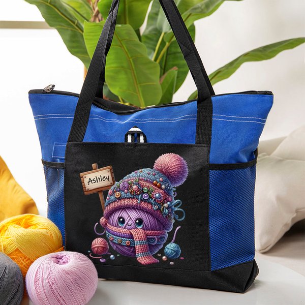 Personalised Cute Cartoon Crochet Pattern Large Tote Bag with Mesh Pockets Travel Accessories Birthday Gift for Knitting Lover