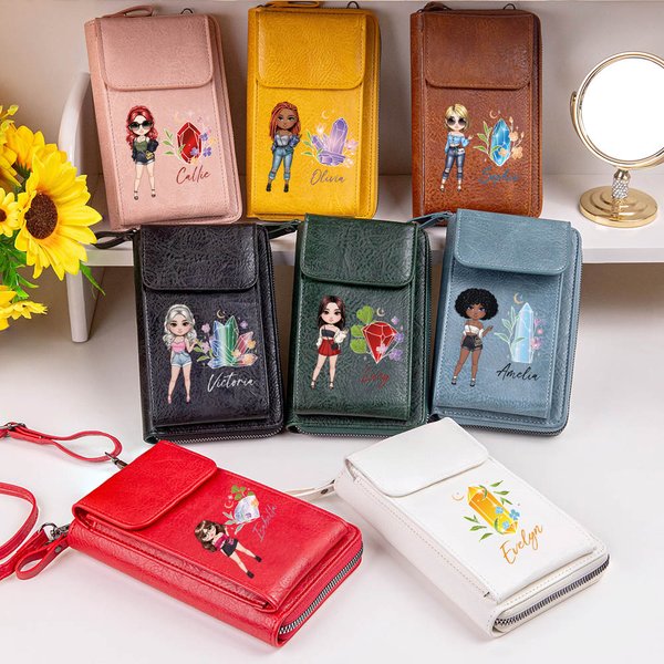 Personalisierte Cartoon Mode Mädchen Birthstone PU Leder Crossbody Tasche Brieftasche mit Namen und Kartenschlitze Reisezubehör Geburtstag Geschenk für Frauen