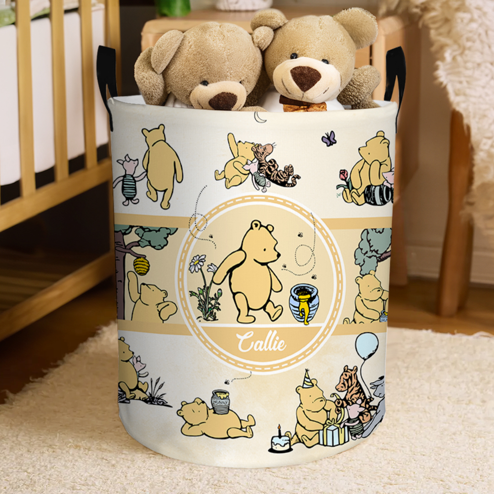 Personalized Classic Winnie the Pooh Collapsible Waterproof Laundry Storage Basket with Name and Handle Birthday Gift for Boys Girls