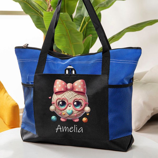 Personalised Cute Bow Glass Yarn Ball Large Oxford Tote Bag with Name and Mesh Pockets Travel Essentials Birthday Gift for Crochet Lovers