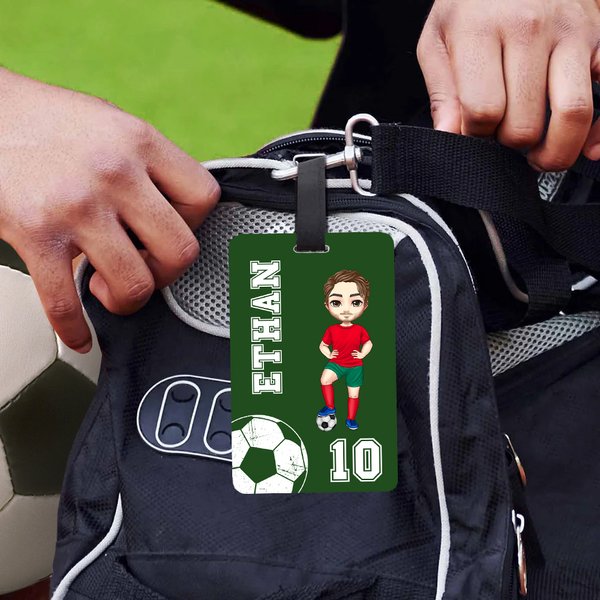 Personalized Multicolour Soccer Cartoon Character Luggage Tag with Name and Number Travel Essentials Birthday Gift for Sport Lovers