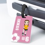 Personalisierte Multicolor Fußball Cartoon Charakter Gepäckanhänger mit Name und Nummer Reise Essentials Geburtstagsgeschenk für Sportliebhaber