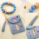 Personalised Fashion Cartoon Girl Lipstick Keychain Wristband Wallet Card Holder with Beaded Bracelet and Name Birthday Holiday Gift for Women Girls