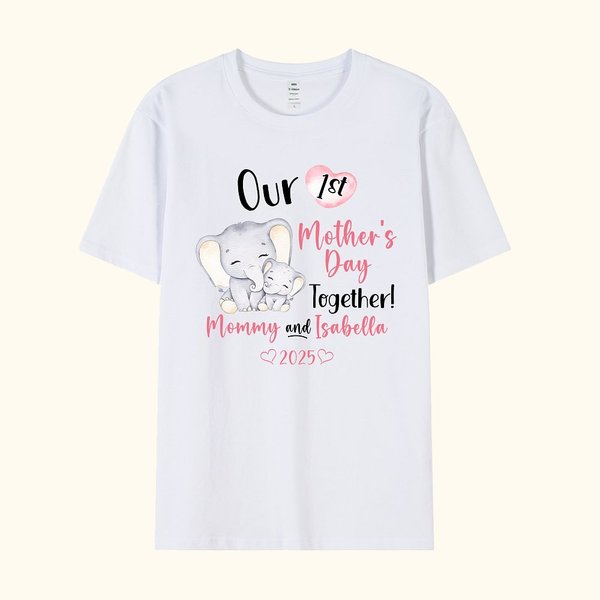 Personalized Cute Elephant Our 1st Mother's Day Together 100% Cotton Adult T-shirt with Names Gift for New Mom