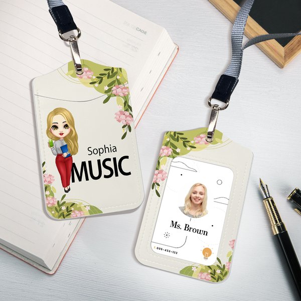 Gepersonaliseerde onderwijshulp bloem cartoon karakter lederen ID badge houder met naam en sleutelkoord Office terug naar school Teacher's Day Gift voor leerkracht