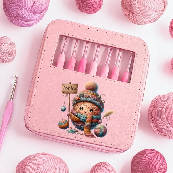 Personalised Cartoon Yarn Ball Pink Ergonomic Crochet Hooks Set of 8 with Scissor and Name Storage Case Birthday Gift for Craft Knitting Lovers
