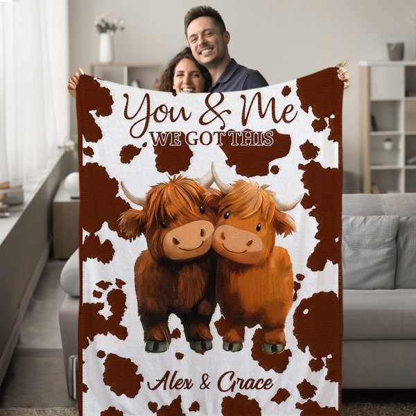 Gepersonaliseerde You and Me We Got This Highland Cow Couple Zachte Deken met Naam Verjaardag Valentijnsdag Verjaardagscadeau voor koppels
