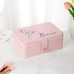 Personalized Vintage Birth Flower Multi-Compartments Name Jewelry Box with LED Makeup Mirror Travel Accessories Birthday Gift for Women