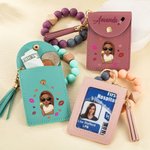 Personalised Fashion Cartoon Girl Lipstick Keychain Wristband Wallet Card Holder with Beaded Bracelet and Name Birthday Holiday Gift for Women Girls