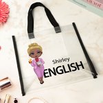 Personalised Cartoon Teacher Waterproof Large Clear Tote Bag with Name and Subject Birthday Appreciation Back to School Gift for Teacher