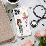 Personalized Cartoon Nurse Doctor Bow Birth Flower Phone Case for iPhone with Name Appreciation Birthday Gift for Medical Staff