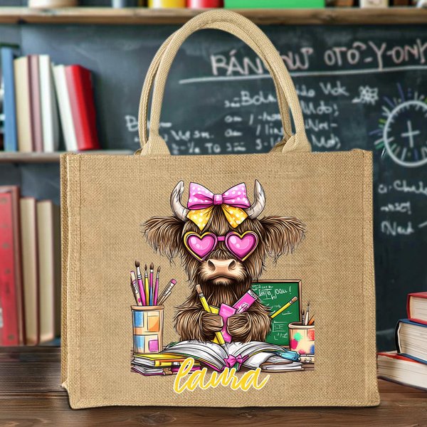 Personalizado Corazón Gafas Highland Vaca Bolsa de Yute Tote con Nombre Accesorios de Viaje Día del Profesor Regalo de Cumpleaños para Mujeres Profesoras