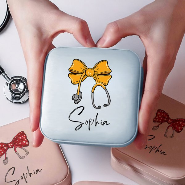Personalized Bow Stethoscope Portable Leather Jewelry Box with Name Travel Essential Appreciation Graduation Gift for Medical Student Staff