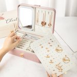 Personalized Vintage Birth Flower Multi-Compartments Name Jewelry Box with LED Makeup Mirror Travel Accessories Birthday Gift for Women