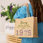 Personalized Birth Year 3D-effect Roses Succulents Jute Tote Bag with Name Birthday Travel Accessory Gift for Friends Women