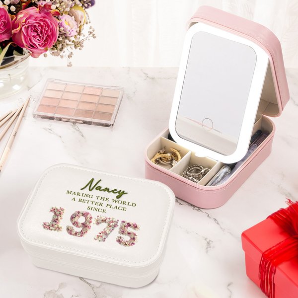 Personalizzato Anno di nascita Rose Piume Succulente Design Portagioie con Specchio LED regolabile per il trucco Regalo di compleanno essenziale per le donne