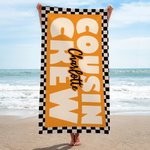 Personalized Black and White Checkered Cousin Crew Quick Dry Oversized Beach Towel with Name Birthday Summer Vacation Party Gift for Family Friends
