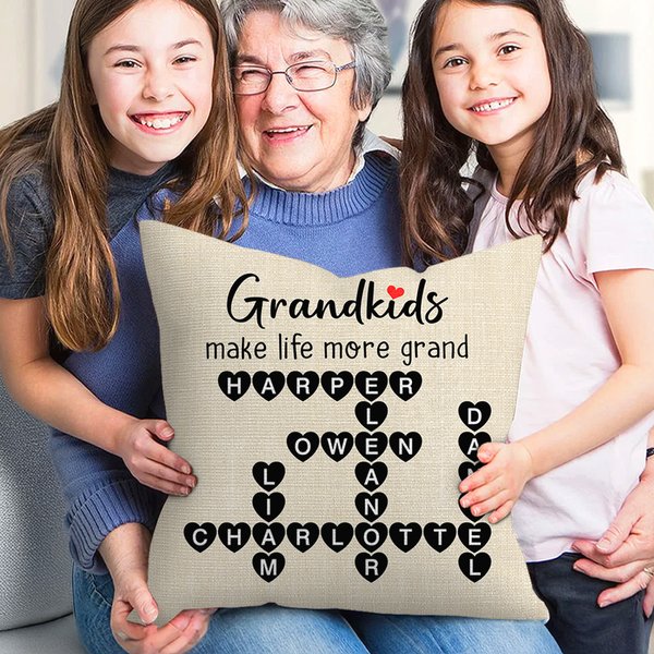 Personalized Grandkids Make Life More Grand Crossword Puzzle Soft Throw Pillow Cover with Names Mother's Day Father's Day Gift for Mom Grandparents