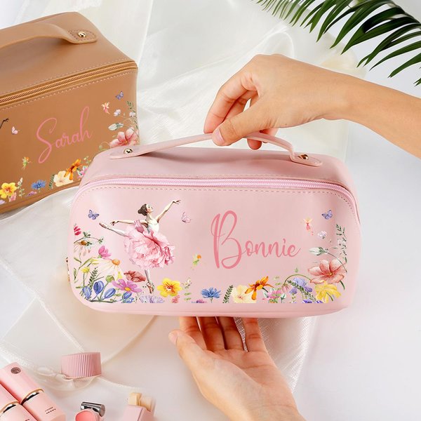 Spersonalizowana torba do makijażu dla dziewczynki Ballet Girl Birth Flower Butterfly PU Leather Wide Open Makeup Bag with Name Birthday Gift for Ballerina Ballet Lover