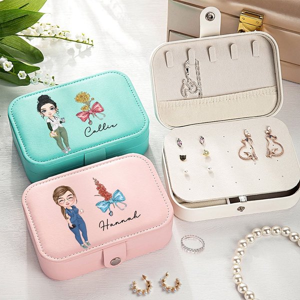 Personalizzato fiore di nascita fiocco medico personaggio dei cartoni animati scatola di gioielli in pelle PU con nome compleanno infermiera settimana regalo per il personale medico