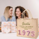 Personalized Birth Year 3D-effect Roses Succulents Jute Tote Bag with Name Birthday Travel Accessory Gift for Friends Women