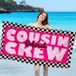 Personalized Black and White Checkered Cousin Crew Quick Dry Oversized Beach Towel with Name Birthday Summer Vacation Party Gift for Family Friends