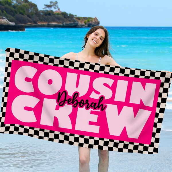 Personalized Black and White Checkered Cousin Crew Quick Dry Oversized Beach Towel with Name Birthday Summer Vacation Party Gift for Family Friends