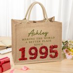 Personalized Birth Year 3D-effect Roses Succulents Jute Tote Bag with Name Birthday Travel Accessory Gift for Friends Women