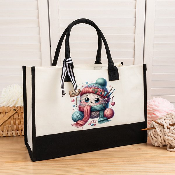 Personalised Cartoon Crochet Pattern Large Canvas Tote Bag with Name Travel Accessories Birthday Gift for Knitting Lovers