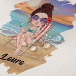 Personalized Sunny Beach Style Cute Cartoon Girl Large Canvas Tote Bag with Name Birthday Holiday Party Gift for Women