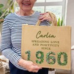 Personalized Birth Year 3D-effect Roses Succulents Jute Tote Bag with Name Birthday Travel Accessory Gift for Friends Women