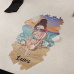 Personalized Sunny Beach Style Cute Cartoon Girl Large Canvas Tote Bag with Name Birthday Holiday Party Gift for Women