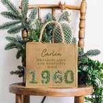 Personalized Birth Year 3D-effect Roses Succulents Jute Tote Bag with Name Birthday Travel Accessory Gift for Friends Women
