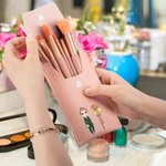 Personalized Cartoon Character Bow Birth Flower Makeup Bag with Name and 8 Pcs Makeup Brushes Travel Essentials Birthday Gift for Women Medical Staff