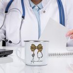 Personalisierte Bogen Stethoskop 11oz Silber Rand Emaille Becher mit Namen Krankenschwester Woche Geburtstag Anerkennung Geschenk für Krankenschwester Arzt medizinisches Personal