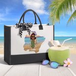 Personalized Sunny Beach Style Cute Cartoon Girl Large Canvas Tote Bag with Name Birthday Holiday Party Gift for Women
